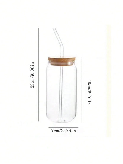 1 Pcs Glass Cups with Bamboo Lid and Straw (Approximately 510.3 Grams), ice Coffee Cup, Suitable for Ice Coffee Bar Accessories.