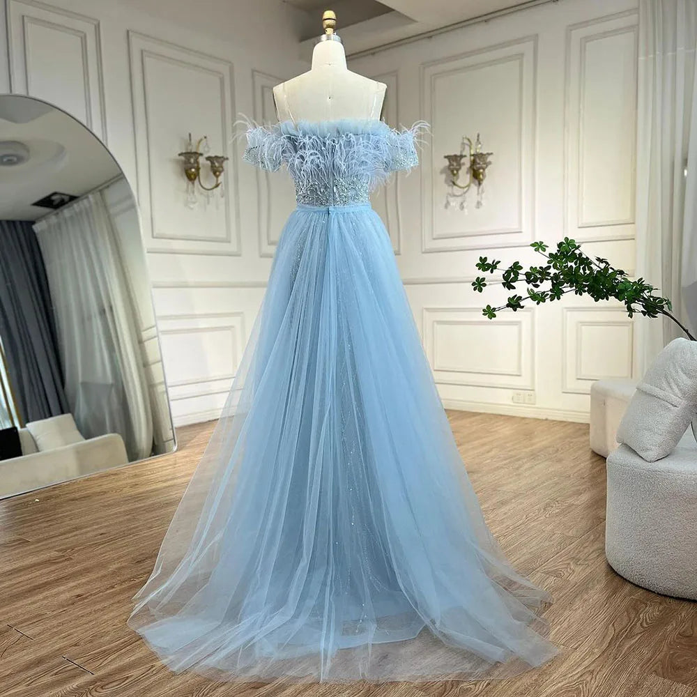 Serene Hill Dubai Luxury Beaded  Blue Mermaid Elegant Overskirt Evening Dresses Gowns 2024 For Women Wedding Party LA71634