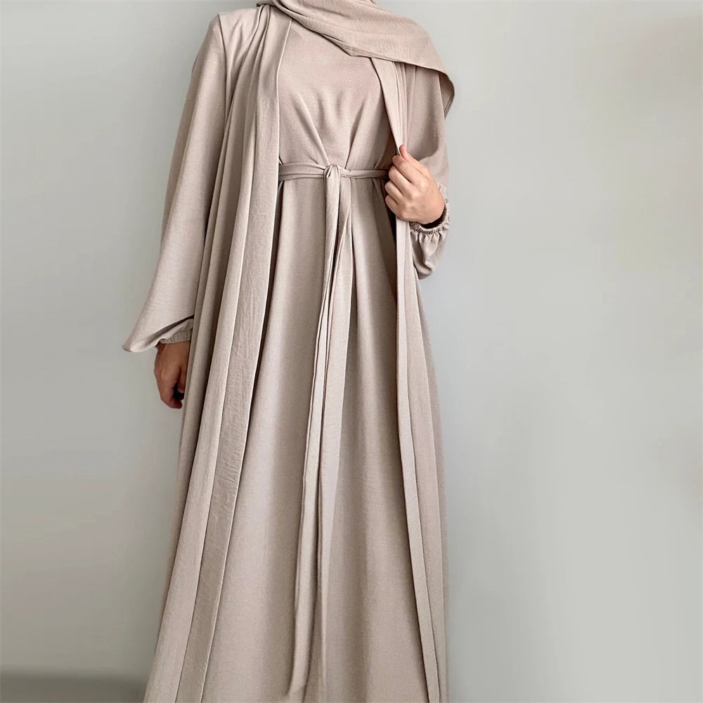 Eid Ramadan Muslim Women Open Abaya Kimono Inner Maxi Dress Hijab Sets 2/3 Pieces Dubai Islamic Arab Robe Kaftan Jalabiya Caftan