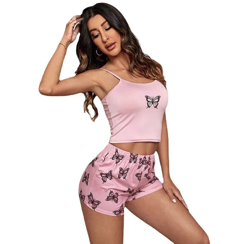 Sexy Summer Women Pajamas Set Printed Butterfly Sleepwear Home Clothes Tops And Shorts Cute Soft Sleeveless Nightwear For Female