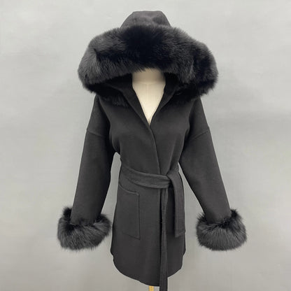 MISSJANEFUR Wool Coat with Real Fox Fur Collar Cuff Women 2023 Fashion Belted Cashmere Coats Warm Winter Hooded Trench Peacoat