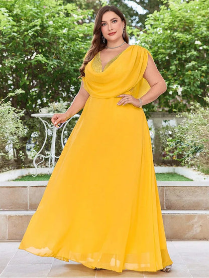 Plus Size V Neck Chiffon Yellow Floor Floor Bridesmaid Luxury Dress 4XL 5XL Big Size Shiny Chiffon Banquet Evening Dress Women