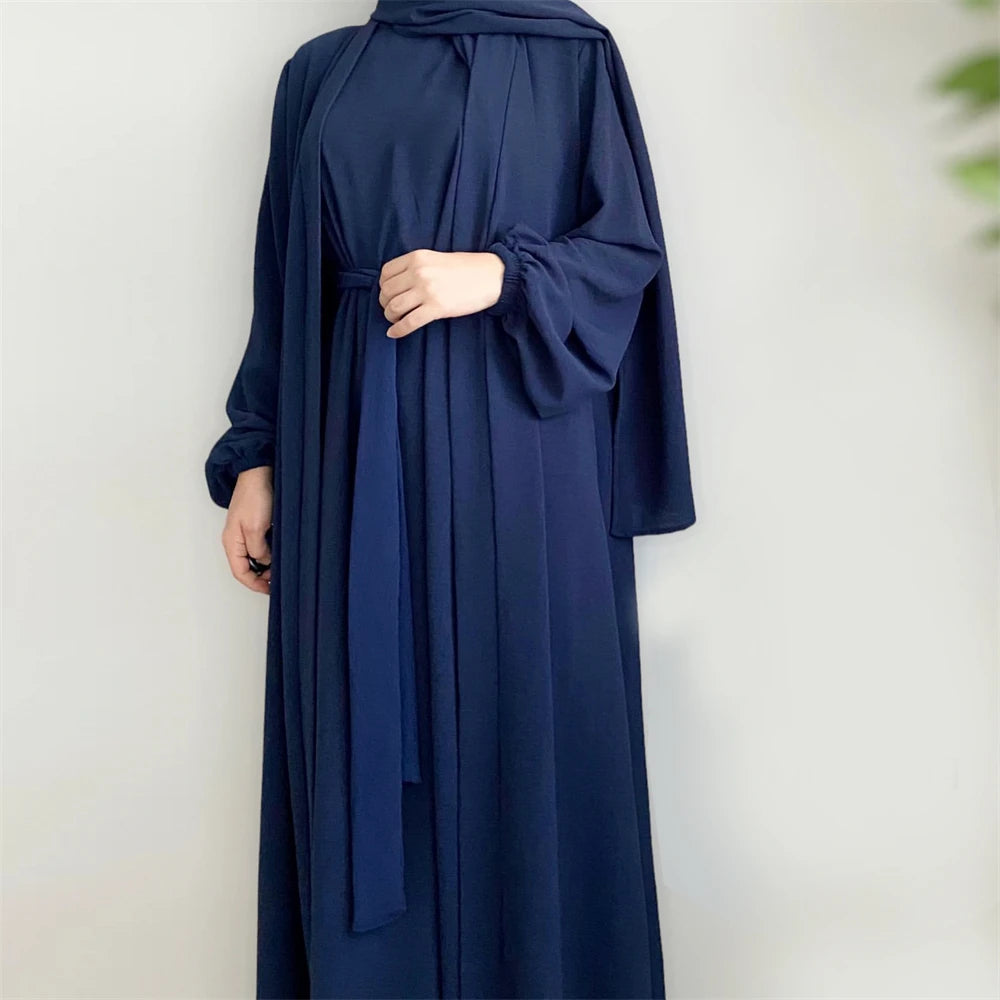 Eid Ramadan Muslim Women Open Abaya Kimono Inner Maxi Dress Hijab Sets 2/3 Pieces Dubai Islamic Arab Robe Kaftan Jalabiya Caftan