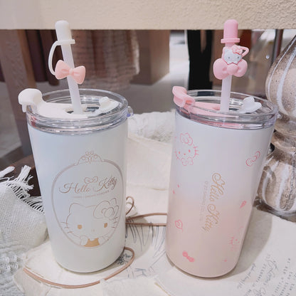 Sanrio Kawaii Hello Kitty Water Cup Student Cartoon Anime 480ML Portable Straw Direct Drink Thermos Cup Office Coffee Cup Gift