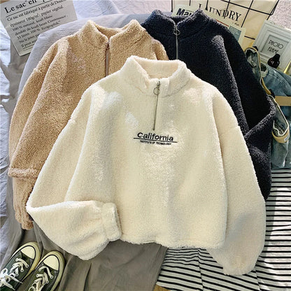 Women Stand Neck Fleece Cropped Hoodies Autumn Letter Embroidery Long Sleeve Drawstring Sweatshirt Elegant Plush Velvet Tops