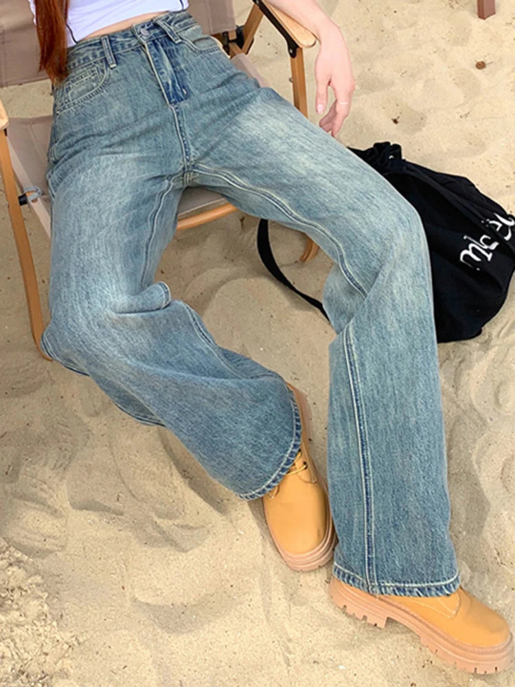 Female High Waist Loose Wide Leg Jeans Lady Non Strech Straight Leg Pants Girls White Light Blue Deep Blue Korean Denim Trousers