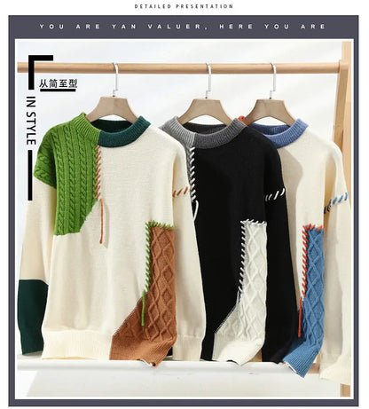 Autumn Winter Warm Mens Knitted Sweaters Fashion Patchwork O Neck Knit Pullovers Korean Streetwear Pullover Casual Mens Clothing