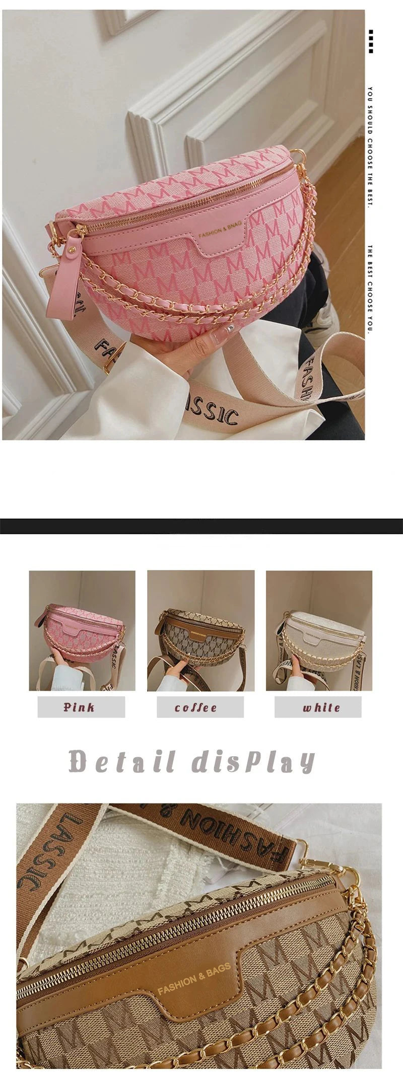 Fashion Pattern Fanny Packs For Women Stylish Letter Printed Chain Waist Bag Female Waist Pack Wide Strap Crossbody Bag