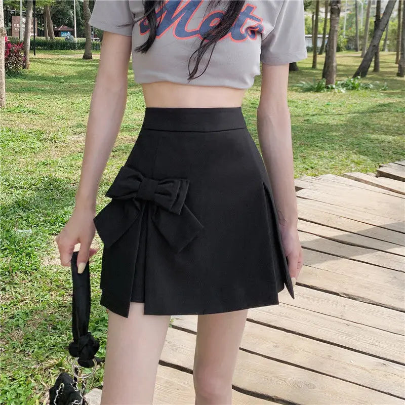 Zoki Cute Bow Women Sexy Pleated Skirt Janpan Sweet High Waist Student A Line Mini Skirt Summer Zipper Female Solid Color Skirt