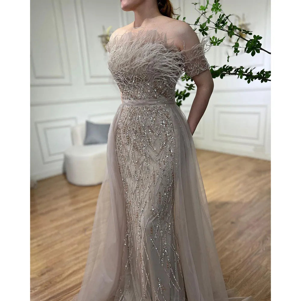 Serene Hill Dubai Luxury Beaded  Blue Mermaid Elegant Overskirt Evening Dresses Gowns 2024 For Women Wedding Party LA71634