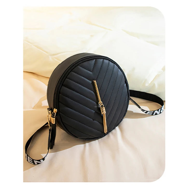 Women PU Small Round Bag Simple Light Luxury Diamond Pattern Shoulder Bag Embroidered Thread Wide Strap Fashion Crossbody