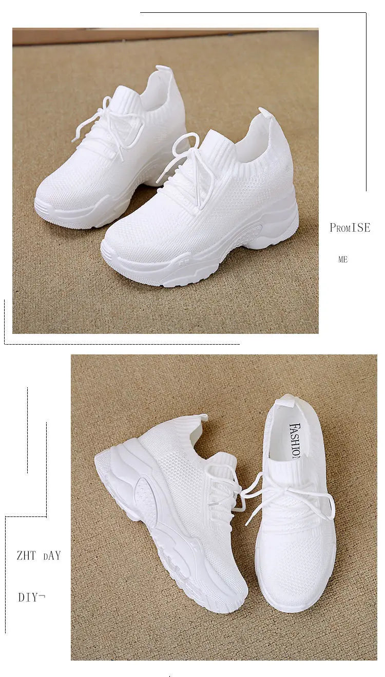 Hidden Heels White Women Spring Breathable Mesh Casual Platform Sneakers Surface Shoes 2023 New Thick Bottom Footwear Round Head