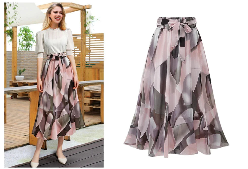 2024 Summer Print Floral Skirts For Women Casual Loose Elastic Waist Plus Size Skirt Belt A-line Chiffon Beach Saias Midi Femme