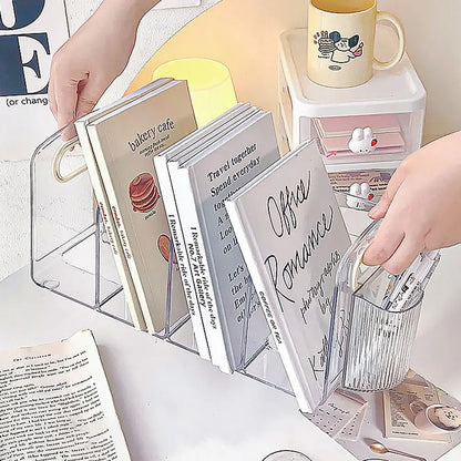 Transparent Acrylic Bookends with Handle Portable Divided Book Stand Desktop Book Holder Desk Organizer Student Study Supplies