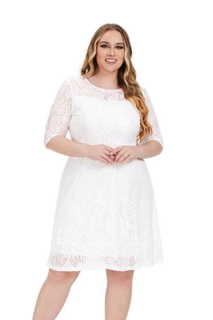 Plus Size Contrast Lace Semi Sheer 3/4 Sleeve Midi Dress, Women&