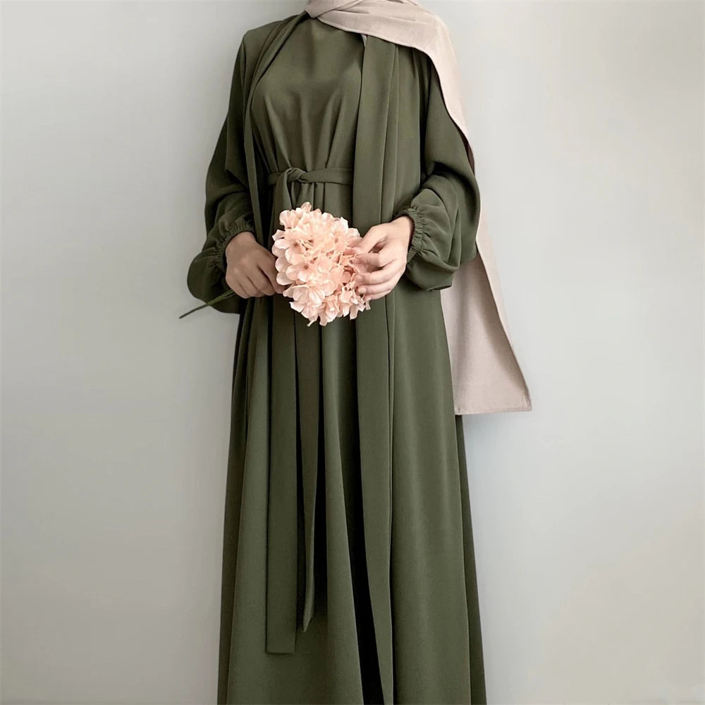 Eid Ramadan Muslim Women Open Abaya Kimono Inner Maxi Dress Hijab Sets 2/3 Pieces Dubai Islamic Arab Robe Kaftan Jalabiya Caftan