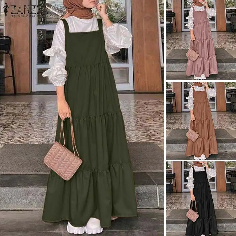 2023 ZANZEA Elegant Muslim Women Straps Dress Turkey Abaya Hijab Maxi Long Dresses Autumn Solid Ruffles Vestidos Sundress Robes