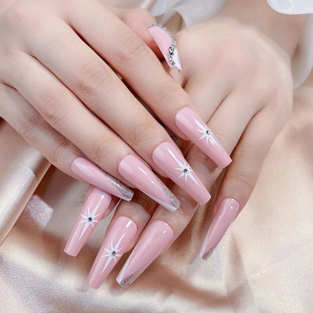 Pointed Apricot Water Drop French Fake Nails Long Ballerina Butterfly False Nails Full Cover Press on Nails With Jelly Stickers