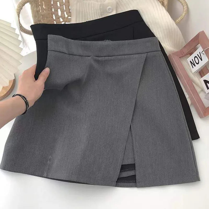 Lucyever Black Gray Women Skirts A-Line Korean Style High Waist Split Mini Skirt Woman Simple Casual Office Shorts Skirts Female