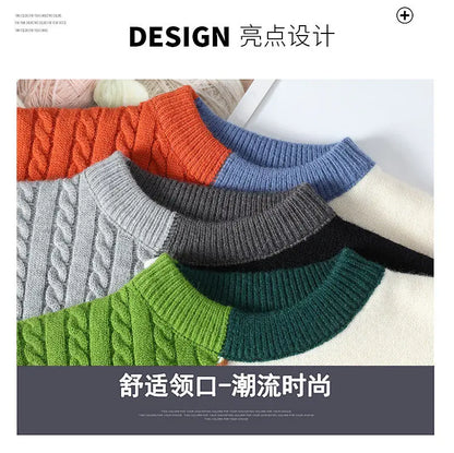 Autumn Winter Warm Mens Knitted Sweaters Fashion Patchwork O Neck Knit Pullovers Korean Streetwear Pullover Casual Mens Clothing