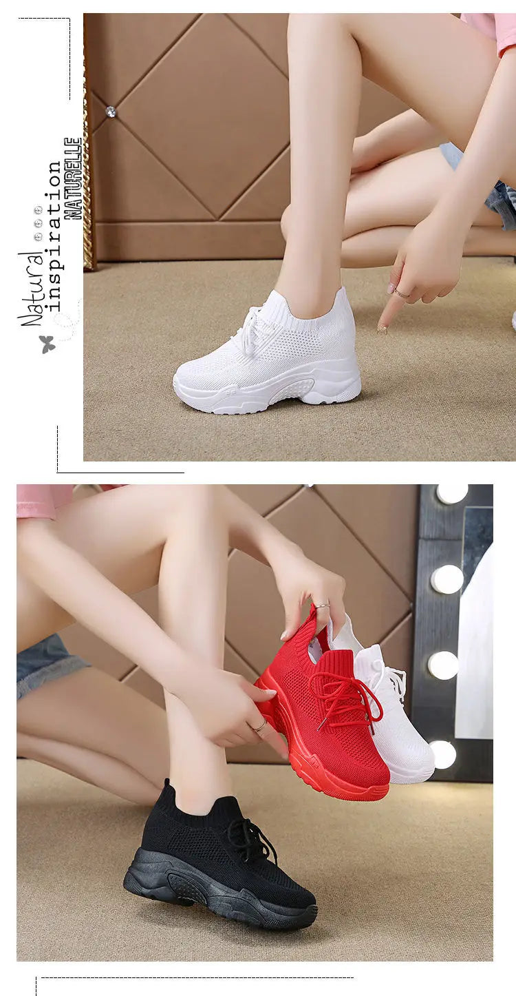 Hidden Heels White Women Spring Breathable Mesh Casual Platform Sneakers Surface Shoes 2023 New Thick Bottom Footwear Round Head