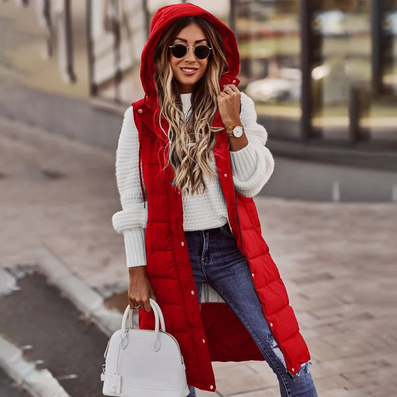 Women Long Waistcoats Warm Winter Sleeveless Hoodie Tie Collar Button Loose Overcoats Female Solid Vests BYFS-BK4567