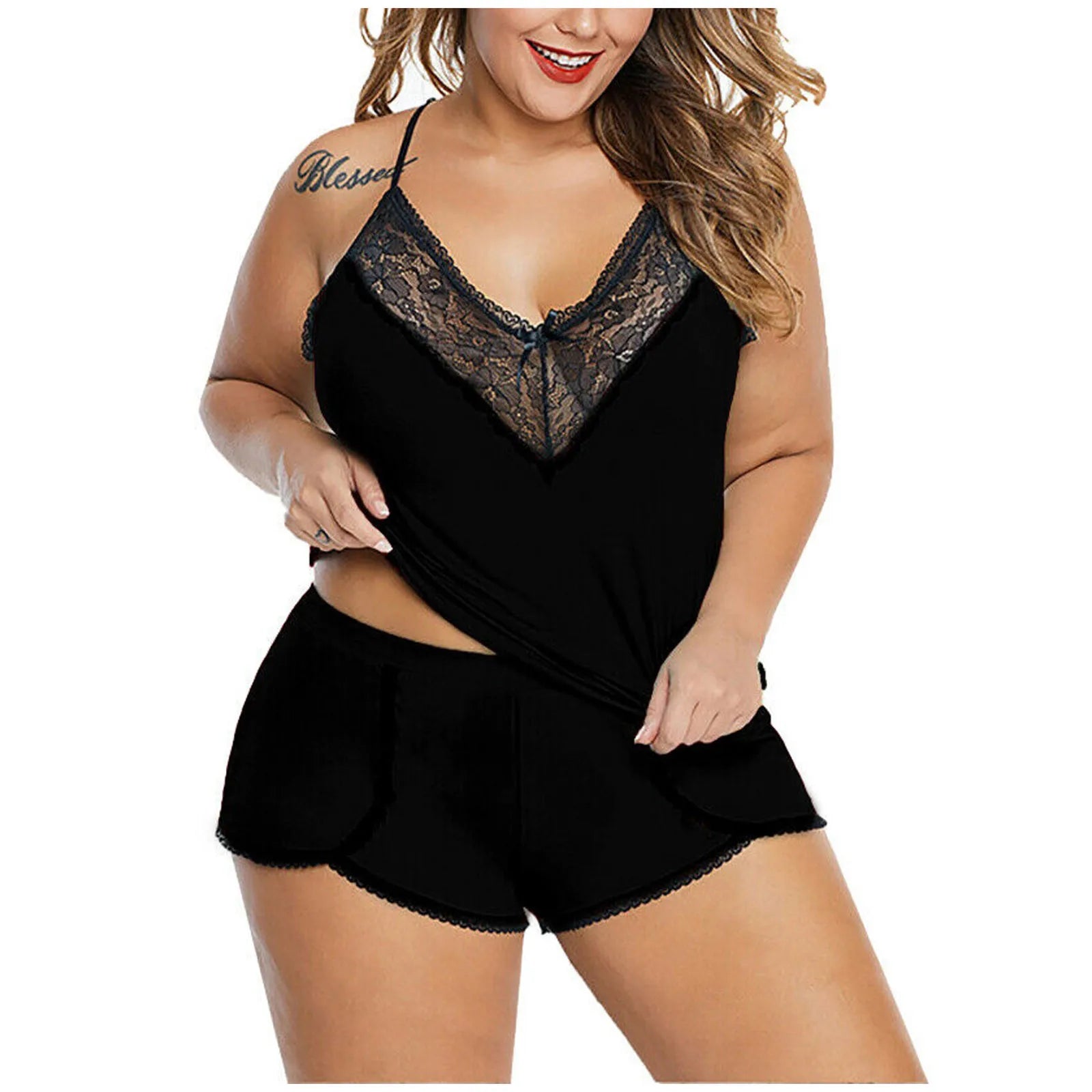 Plus Size Sexy Spaghetti Strap Lace Pajama Set Sleeveless Pyjamas Shorts Set Lace Pijama Suit Women Nighties 2022 Pijama Mujer