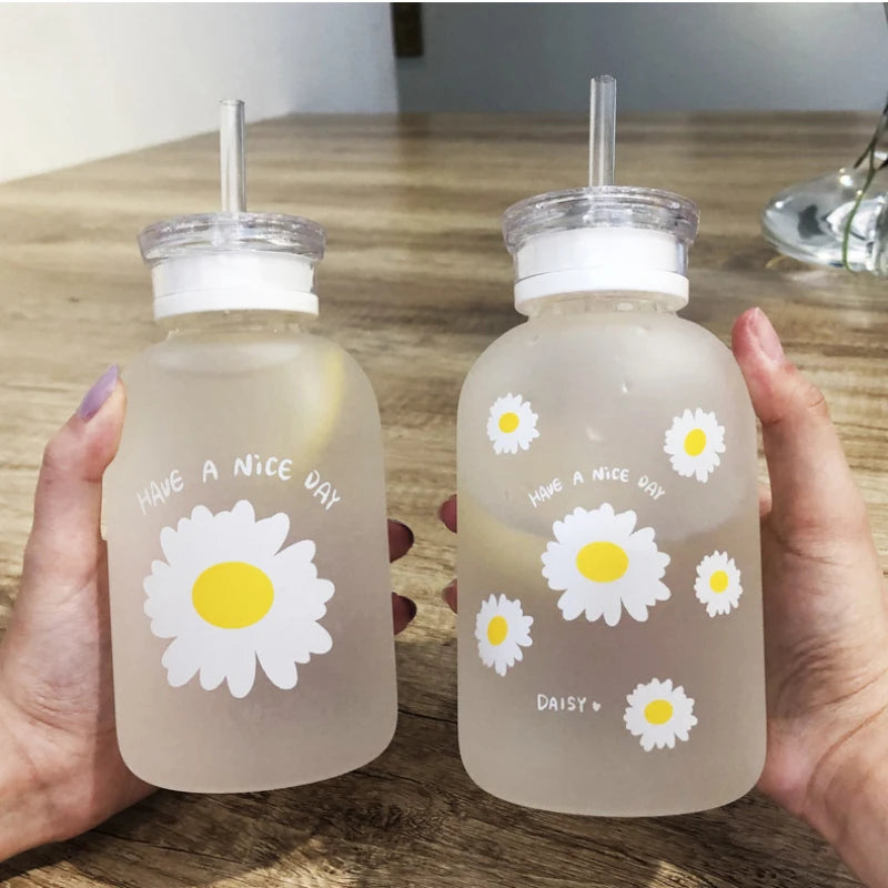 480ml Water Bottle Small Daisy Milk Juice Cute Kawaii Frosted Glass Bottle with Straw Drinking Cups with Scale 2 Lids