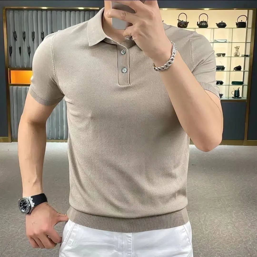 Summer Men Fashion Polo Shirts Short Sleeve Turn-down Collar Solid Casual Polos Knit Clothing Male Tops Pullover Streetwear