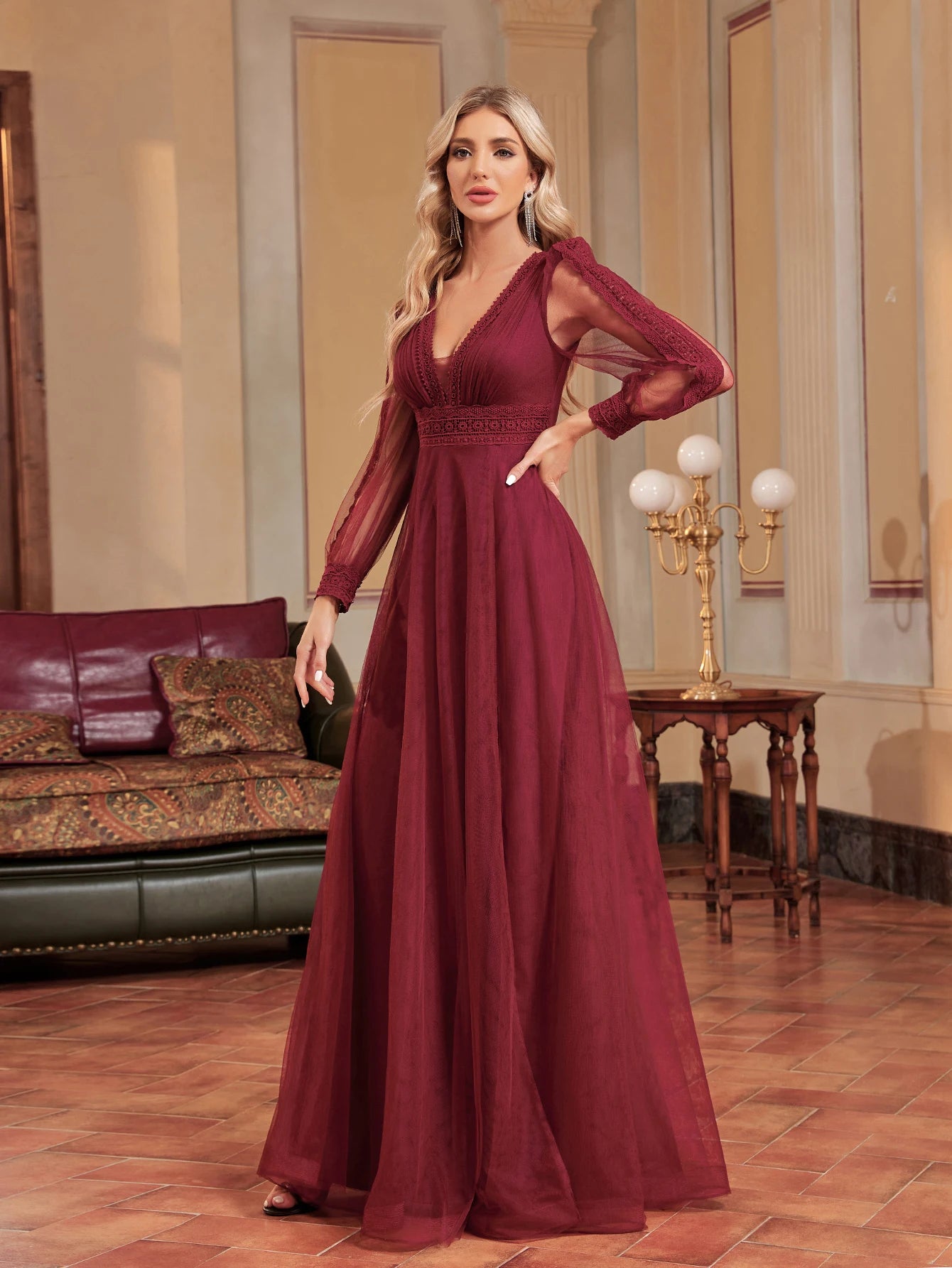 Lucyinlove Elegant Tulle V-Neck Formal Evening Dresses Long Sleeve 2024 Womwen Floor-Length Party Dress Chiffon Cocktail Prom