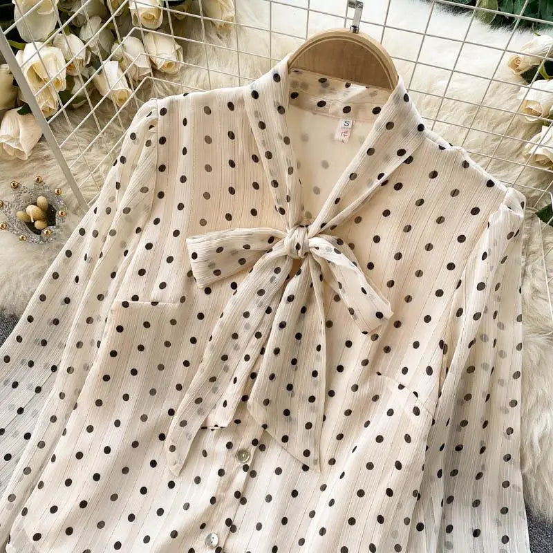 Beige Polka Dot Bow Neck Elegant Chiffon Long Sleeve Loose Women&