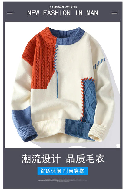 Autumn Winter Warm Mens Knitted Sweaters Fashion Patchwork O Neck Knit Pullovers Korean Streetwear Pullover Casual Mens Clothing