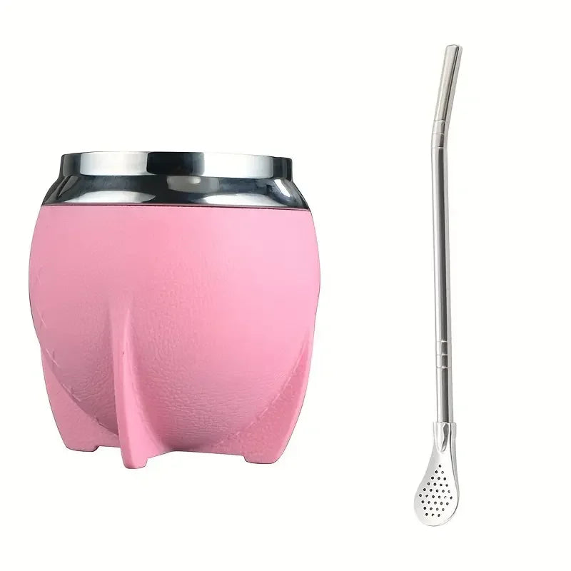 LUSQI 1PC Stainless Steel Leather Cover Double Layer Mate Tea Mug Trendy Creative Water Cup With Straw Spoon