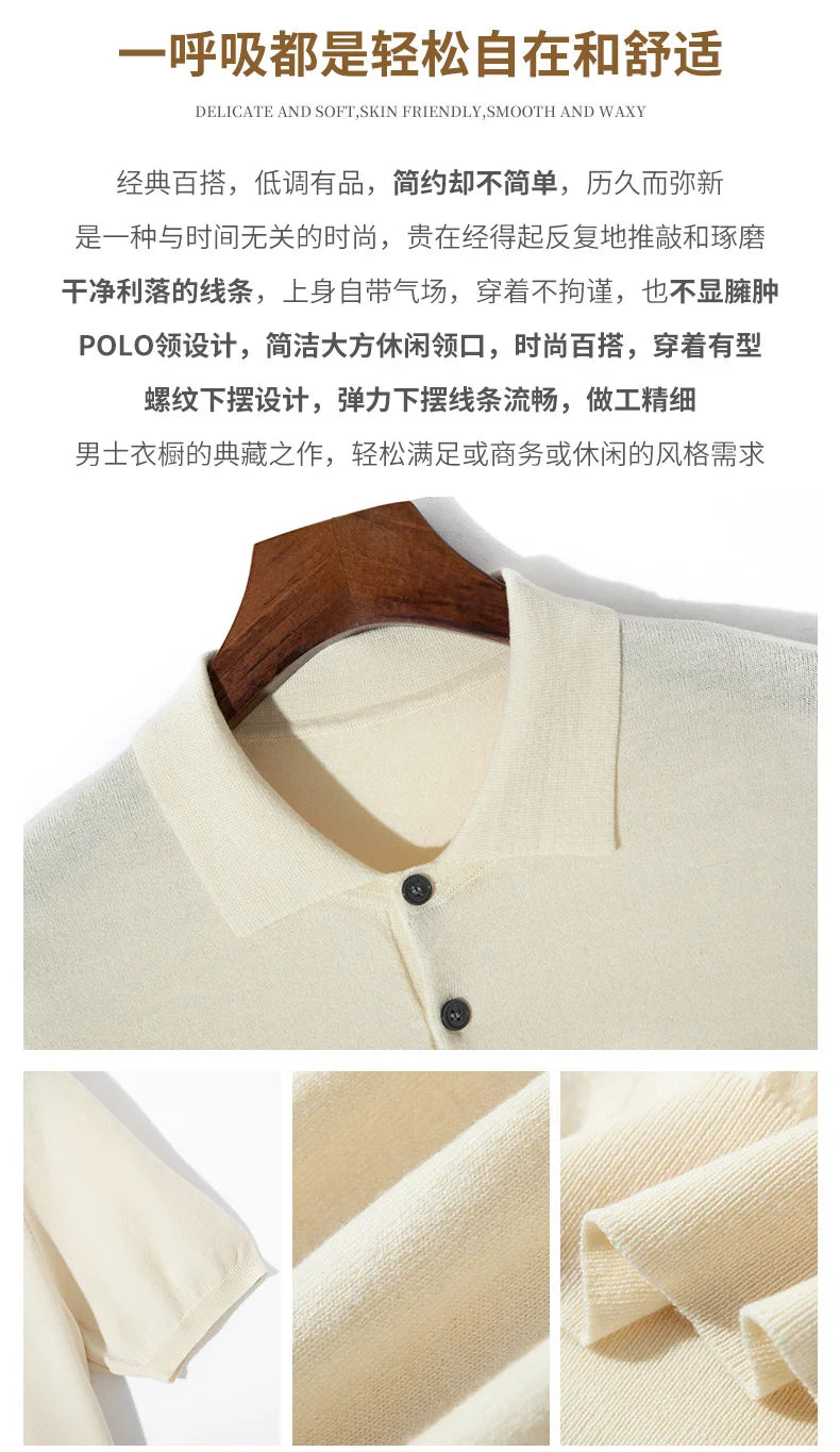 2024 Classic Men Knitwear Silk Wool Blend Sweater Pullover Polo Neck T-Shirt Short Sleeved Loose Cool High-Quality Clothing Tops