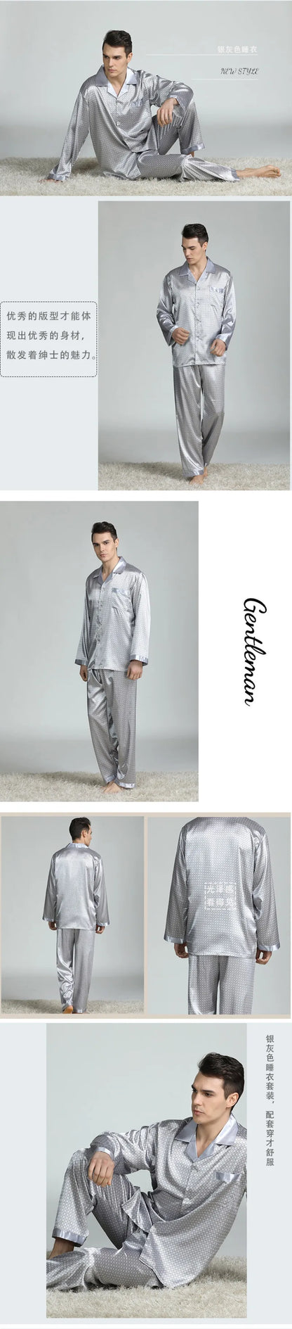 High Quality Satin Pajamas Suit Men Spring Summer Printed Ice Silk Pyjamas  Long Sleeve Plus Size Home Clothes Sleepwear Male