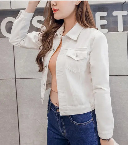 Spring Autumn Women Clothing Cowboy Coat Loose Long Sleeve Short Female Denim Jacket White Black Blue Pink Bomber Jacket Coats