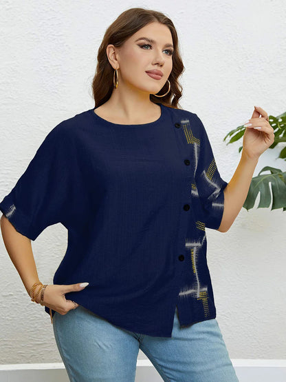 GIBSIE Plus Size Casual Print Button Front Women T Shirt 2024 New Summer Korean Fashion Half Sleeve Ladies O-Neck T-Shirts Tops