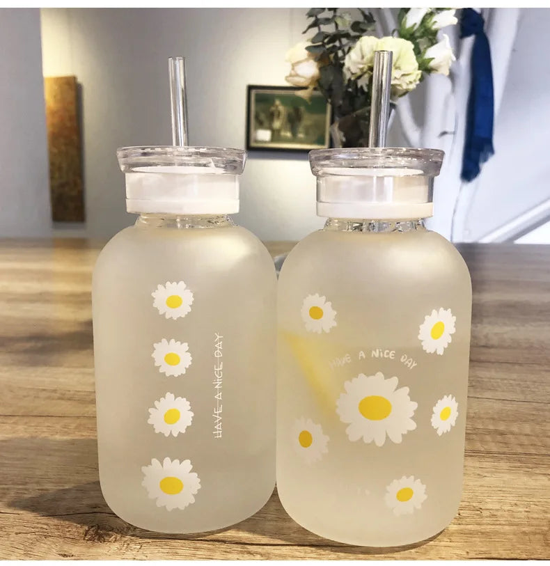 480ml Water Bottle Small Daisy Milk Juice Cute Kawaii Frosted Glass Bottle with Straw Drinking Cups with Scale 2 Lids