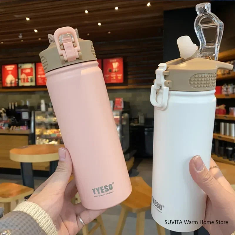 Tyeso Thermos Cup with Straw 600/750ml Stainless Steel Thermal Bottle Cover Insulation Straight Cup Flask Water Tumbler Mug