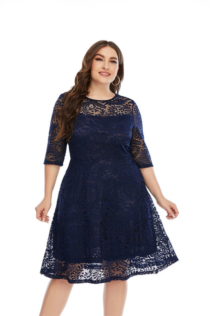 Plus Size Contrast Lace Semi Sheer 3/4 Sleeve Midi Dress, Women&