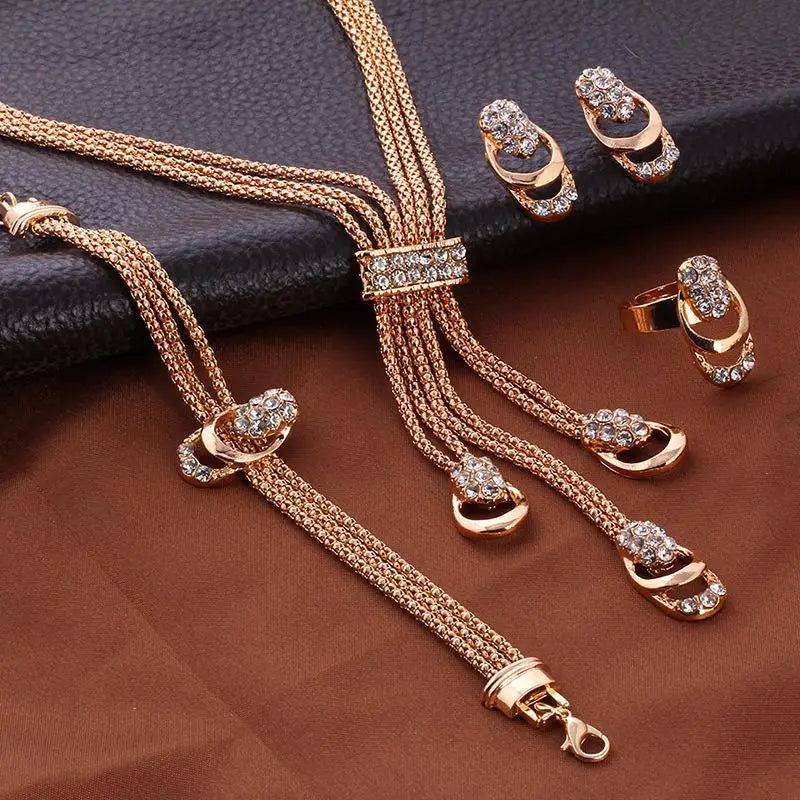 4Pcs Jewelry Set Rings Necklace Earrings Bracelet High Performance Golden Jewelry For Women