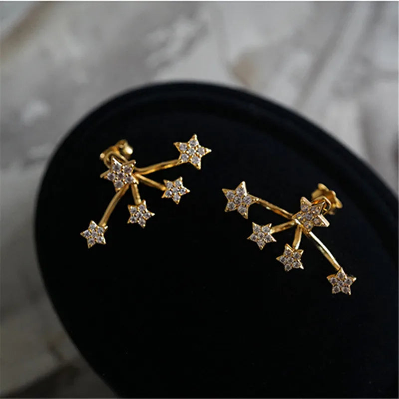 925 Sterling Silver Plated 14K Gold Sparkling Zircon Star Earrings for Women High Quality Wedding Jewelry Accessories