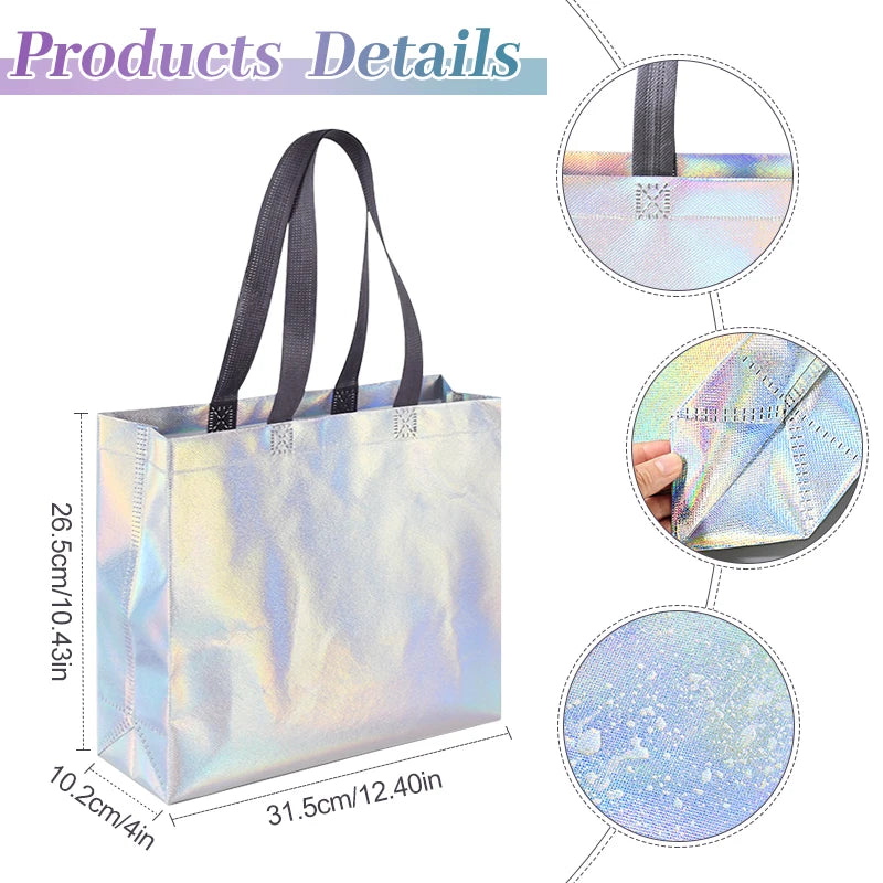 5/20Pcs Laser Silver Gift Bag with Handles Christmas Gift Packaging Decor Birthday Wedding Treat Bag Bachelorette Party Supplies