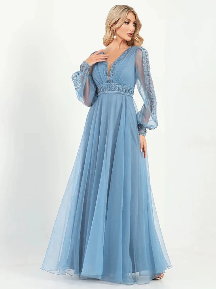 Lucyinlove Elegant Tulle V-Neck Formal Evening Dresses Long Sleeve 2024 Womwen Floor-Length Party Dress Chiffon Cocktail Prom