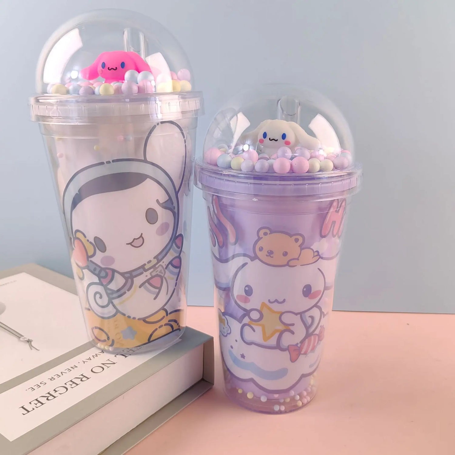 New Anime Sanrio Hello Kitty Cinnamoroll Melod Kuromi Water Cup Double-Layer Plastic Cup Portable Sport Mug Straw Water Cup Gift