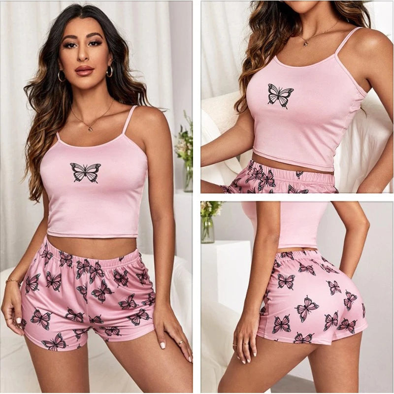 Sexy Summer Women Pajamas Set Printed Butterfly Sleepwear Home Clothes Tops And Shorts Cute Soft Sleeveless Nightwear For Female