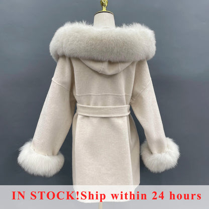 MISSJANEFUR Wool Coat with Real Fox Fur Collar Cuff Women 2023 Fashion Belted Cashmere Coats Warm Winter Hooded Trench Peacoat