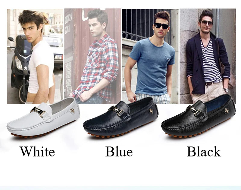 2022 White Loafers Men Handmade Leather Shoes Black Casual Driving Flats Blue Slip-On Moccasins Boat Shoes Plus Size 46 47 48