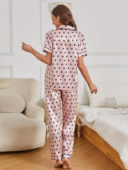 Heart Print Satin Pajama Set Casual Short Sleeve Buttons Lapel Top &amp; Elastic Pants Women&