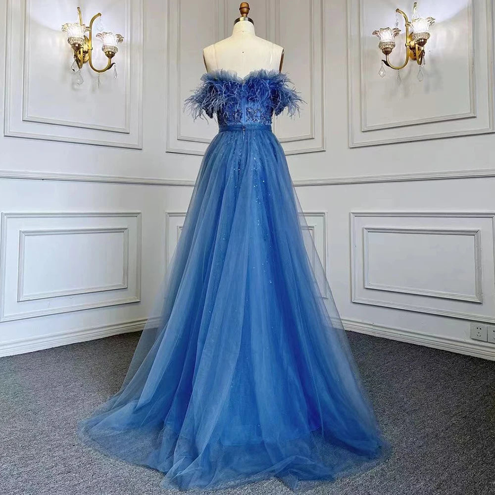 Serene Hill Dubai Luxury Beaded  Blue Mermaid Elegant Overskirt Evening Dresses Gowns 2024 For Women Wedding Party LA71634